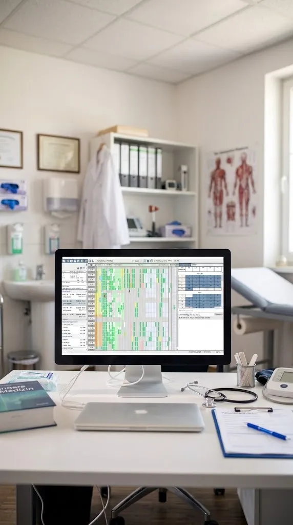 resourceX auf einem Bildschirm im Behandlungsraum: Terminplanung einer Therapieeinrichtung